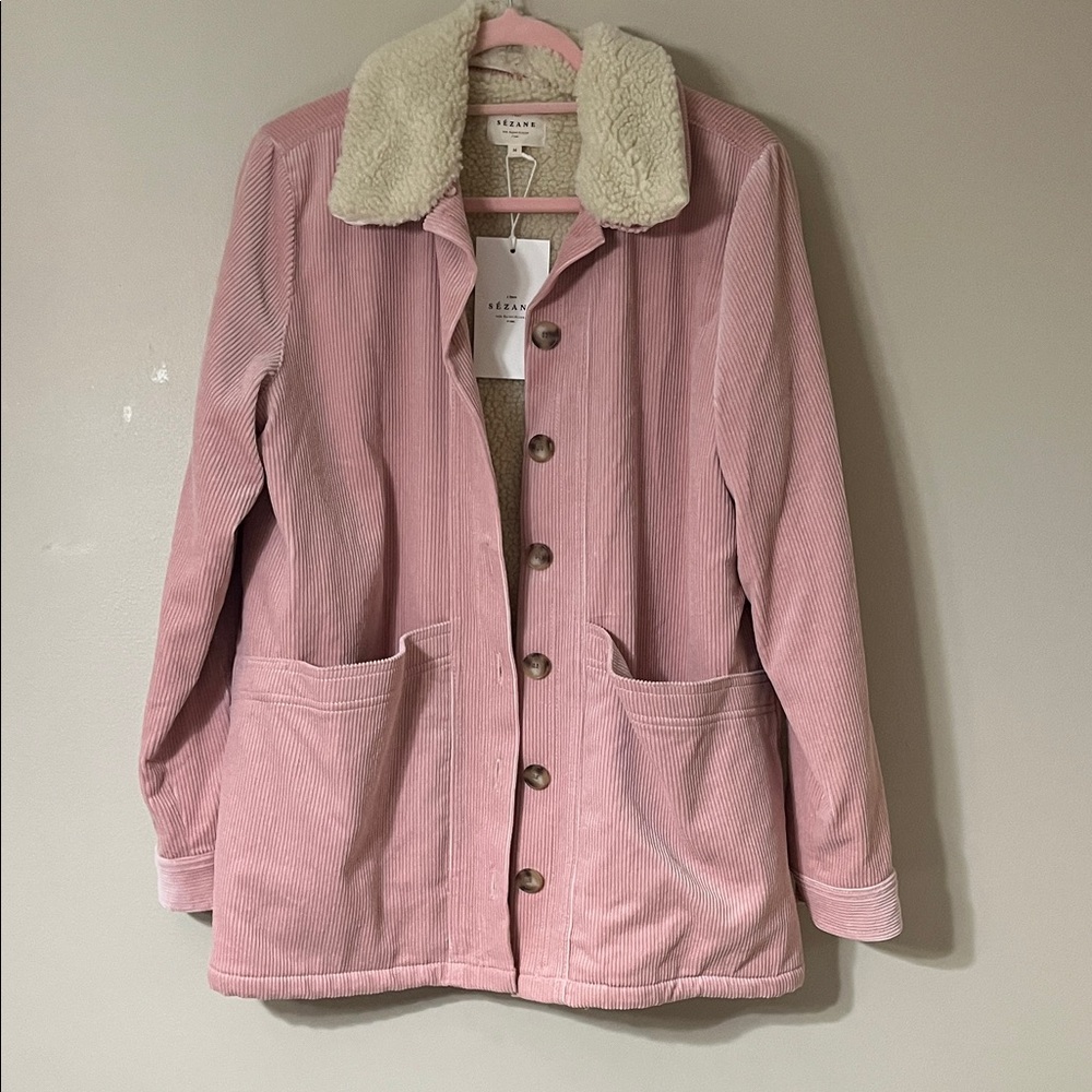 Sezane Pink Corduroy Jacket with Cream Sherpa Collar